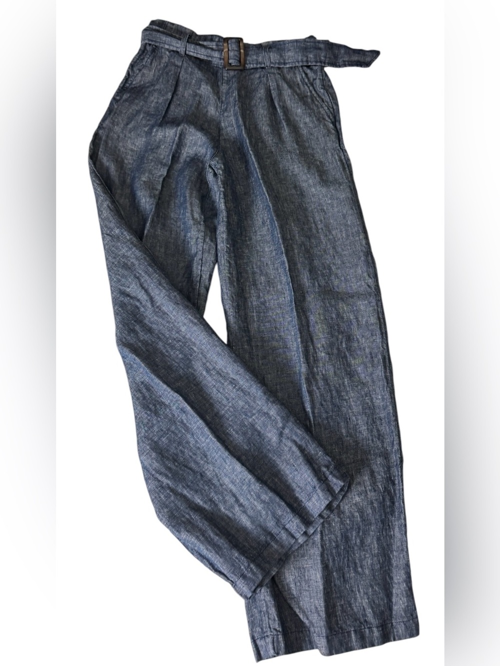 Christian Siriano Blue Linen Belted Wide Leg Pants Size M